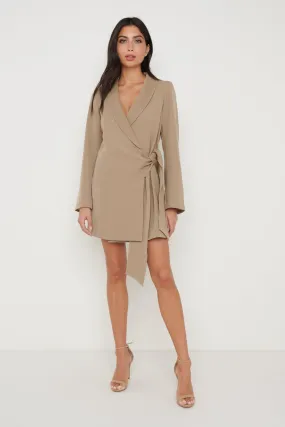 Arielle Wrap Tie Blazer Mini Dress - Taupe