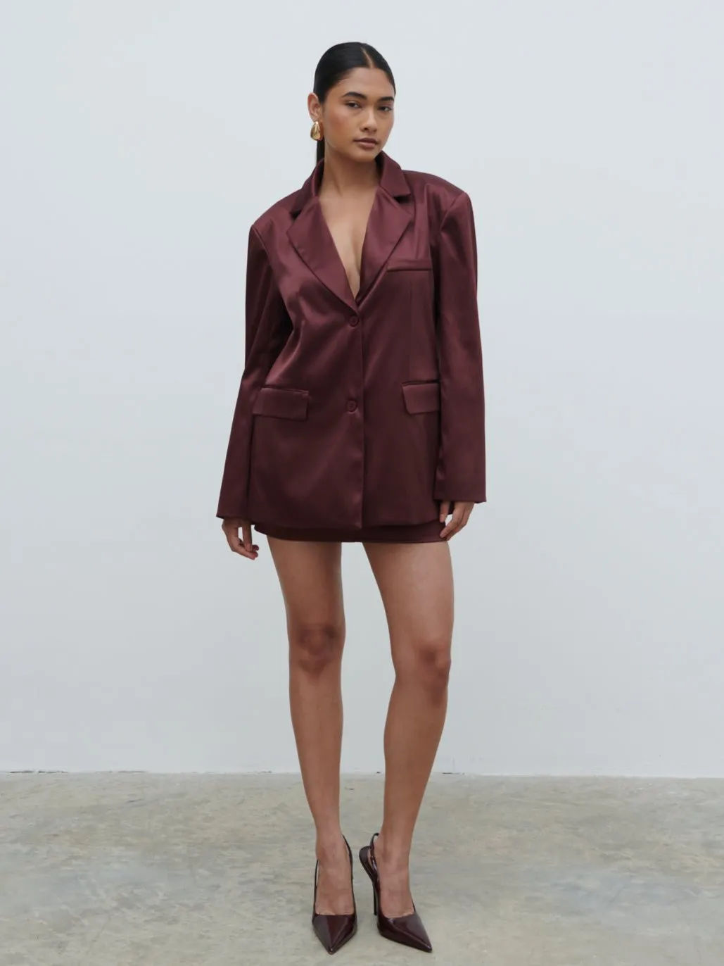 Beck Satin Oversized Dad Blazer - Deep Wine