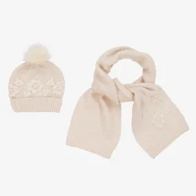 Beige Floral Knit Hat & Scarf - Buy now!