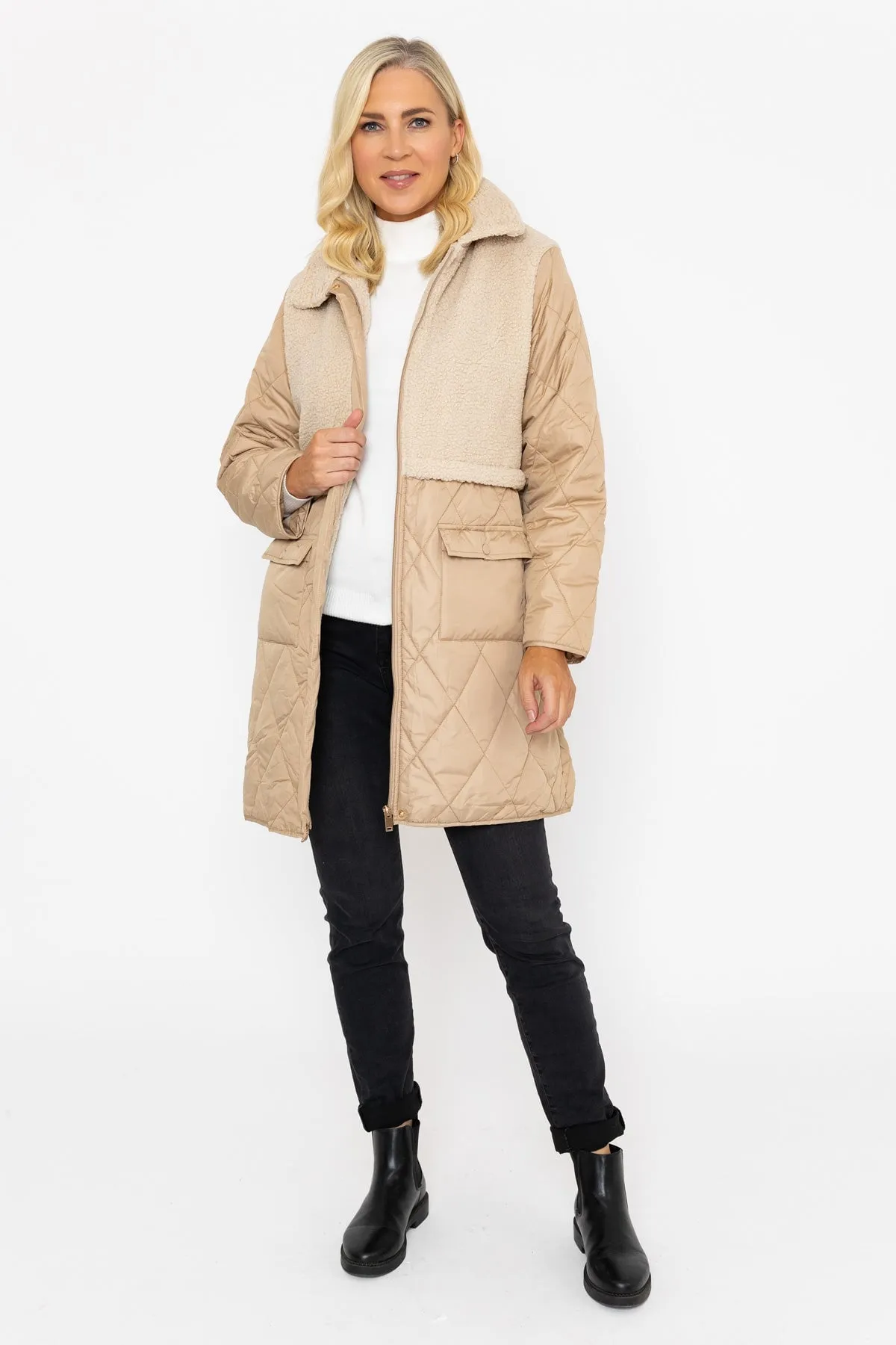 Beige Quilted Jacket With Contrast Fabric