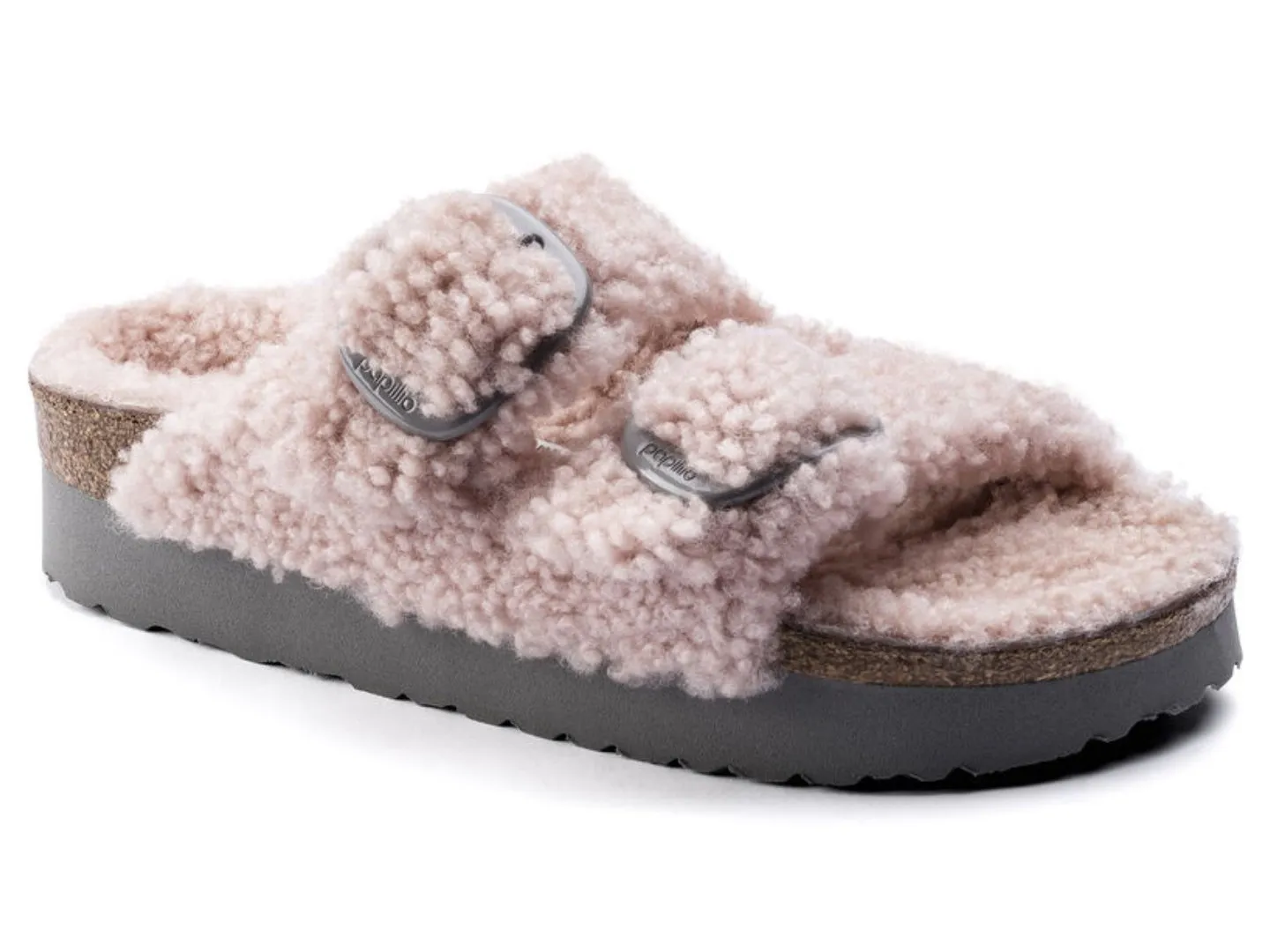 Birkenstock Arizona Platform Big Buckle in Teddy Crystal Rose Shearling - SHOP NOW.