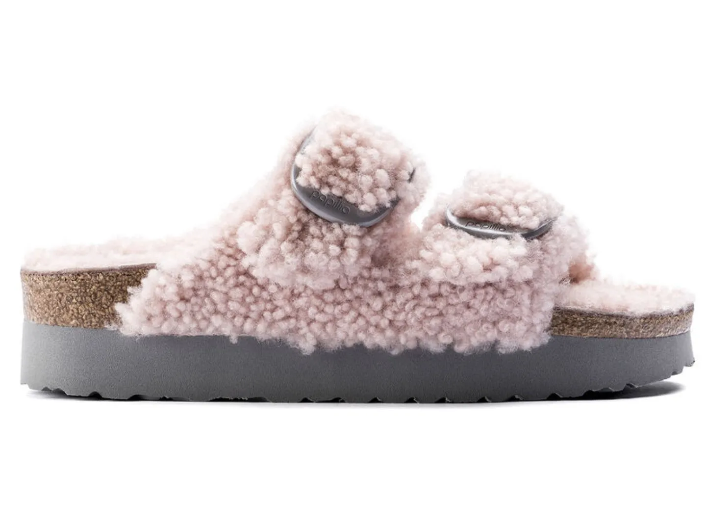 Birkenstock Arizona Platform Big Buckle in Teddy Crystal Rose Shearling - SHOP NOW.