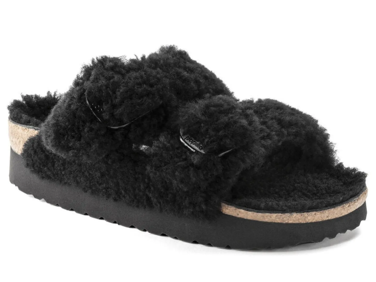 Birkenstock Arizona Platform Big Buckle Teddy Black Shearling.