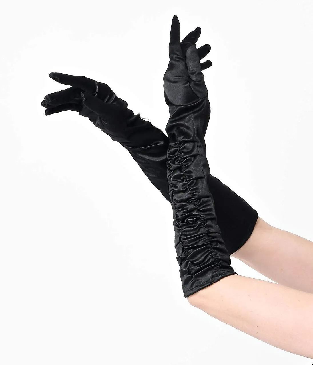 Black elbow length ruched opera gloves with vintage style.