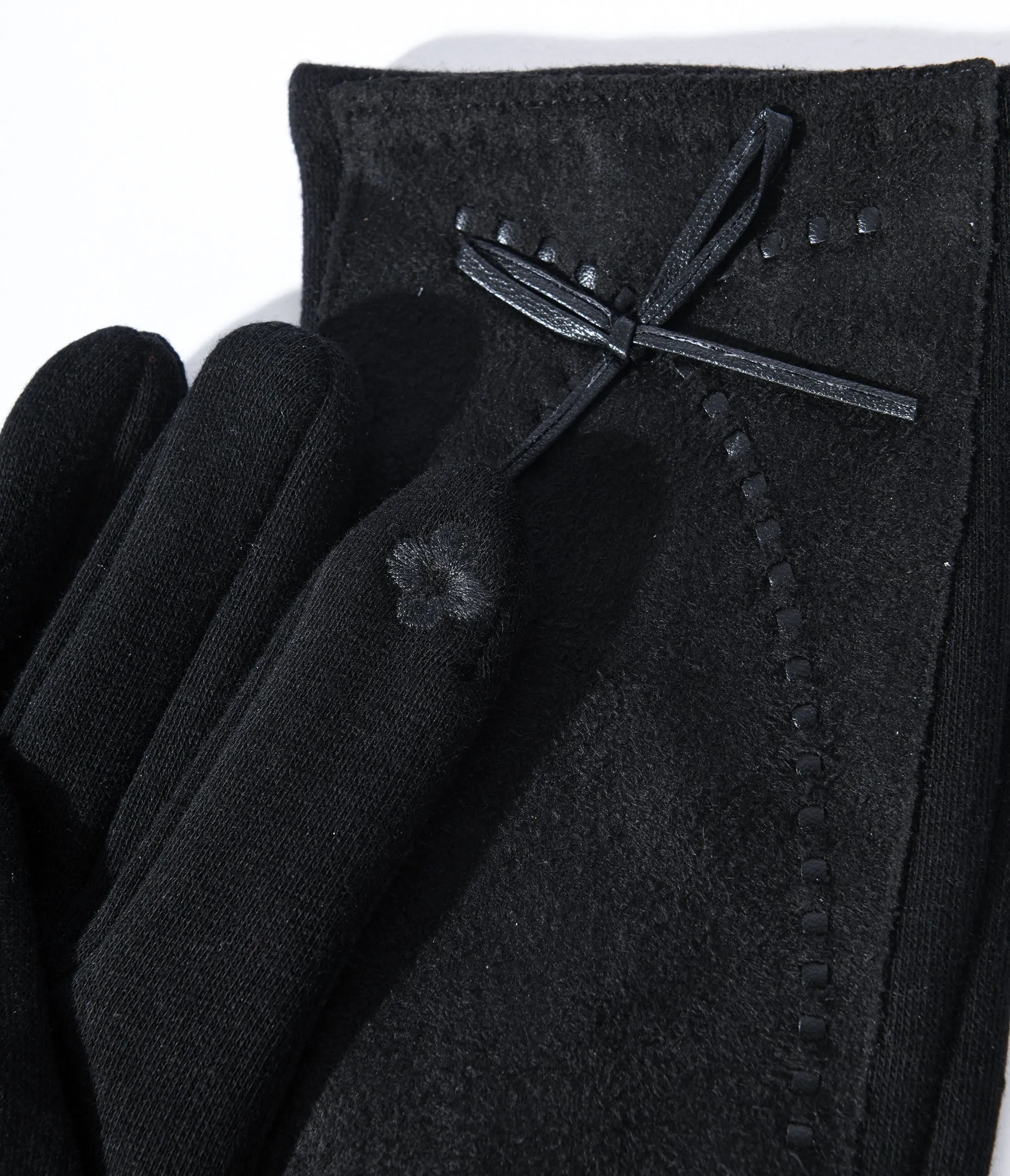 black leather texting gloves, bow lined gloves