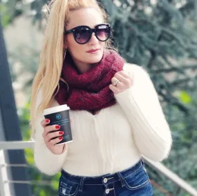 Burgundy Fuzzy Knit Infinity Scarf - Warm Winter Accessory