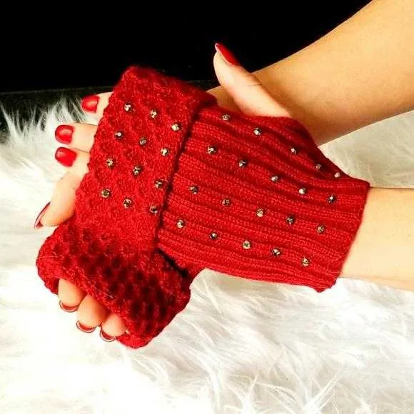 Burgundy Rhinestone Fingerless Mittens