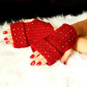 Burgundy Rhinestone Fingerless Mittens