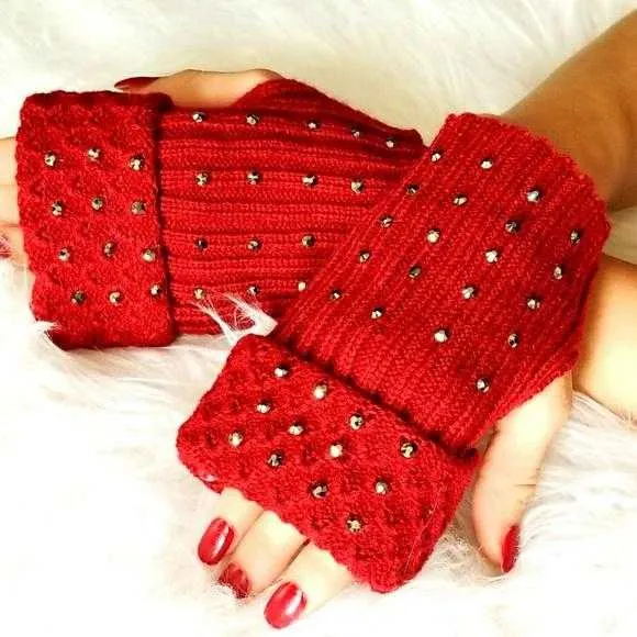 Burgundy Rhinestone Fingerless Mittens