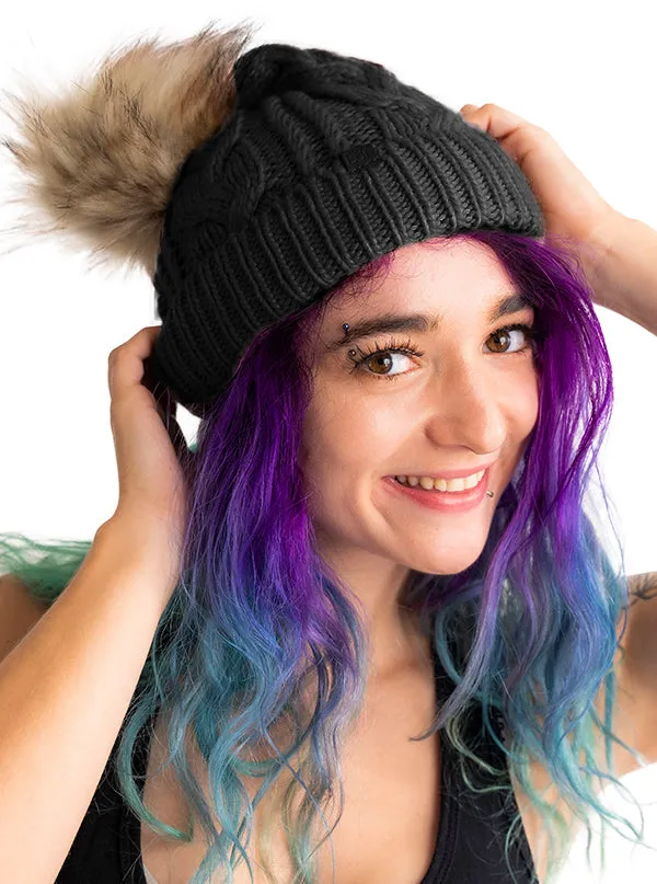 Cable Knit Beanie Hat with Pom Pom.