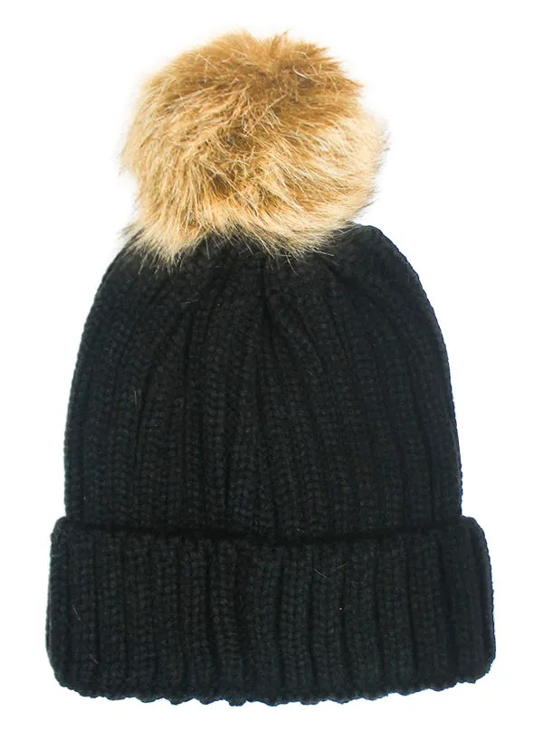 Cable Knit Beanie Hat with Pom Pom.