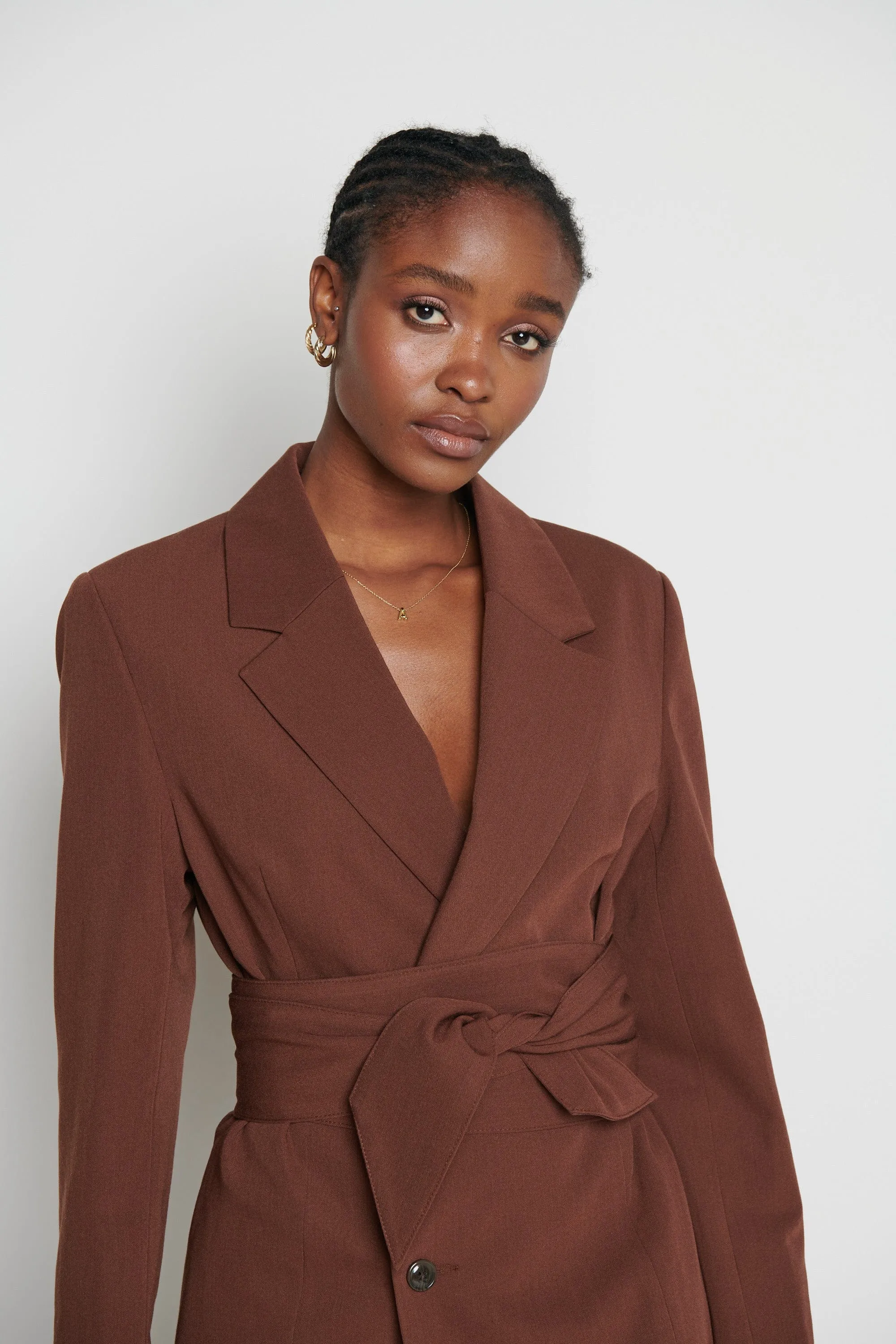 Carrie Belted Blazer Dress - Chocolate Brown