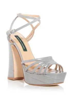 Chelsea Paris Gray Croc Strappy Platform Padded Ankle Strap Open Toe Block Heel Buckle Leather Heeled