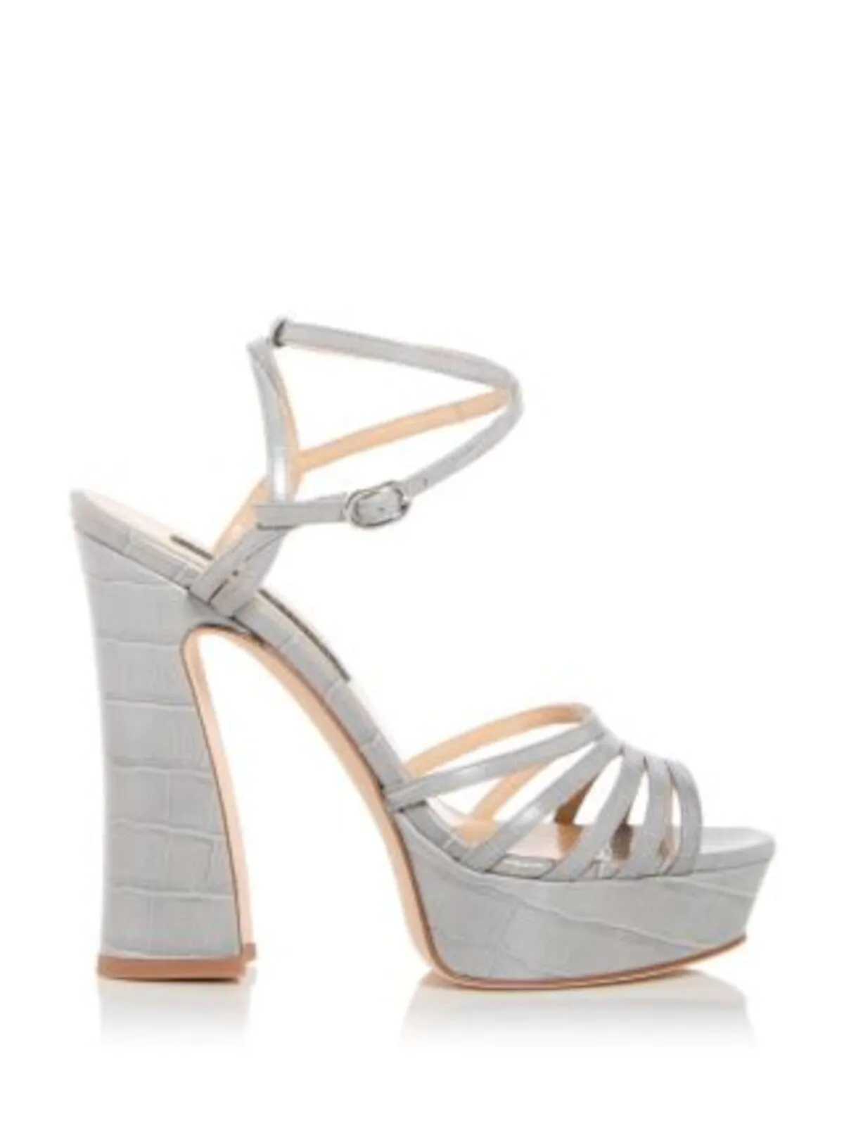 Chelsea Paris Gray Croc Strappy Platform Padded Ankle Strap Open Toe Block Heel Buckle Leather Heeled