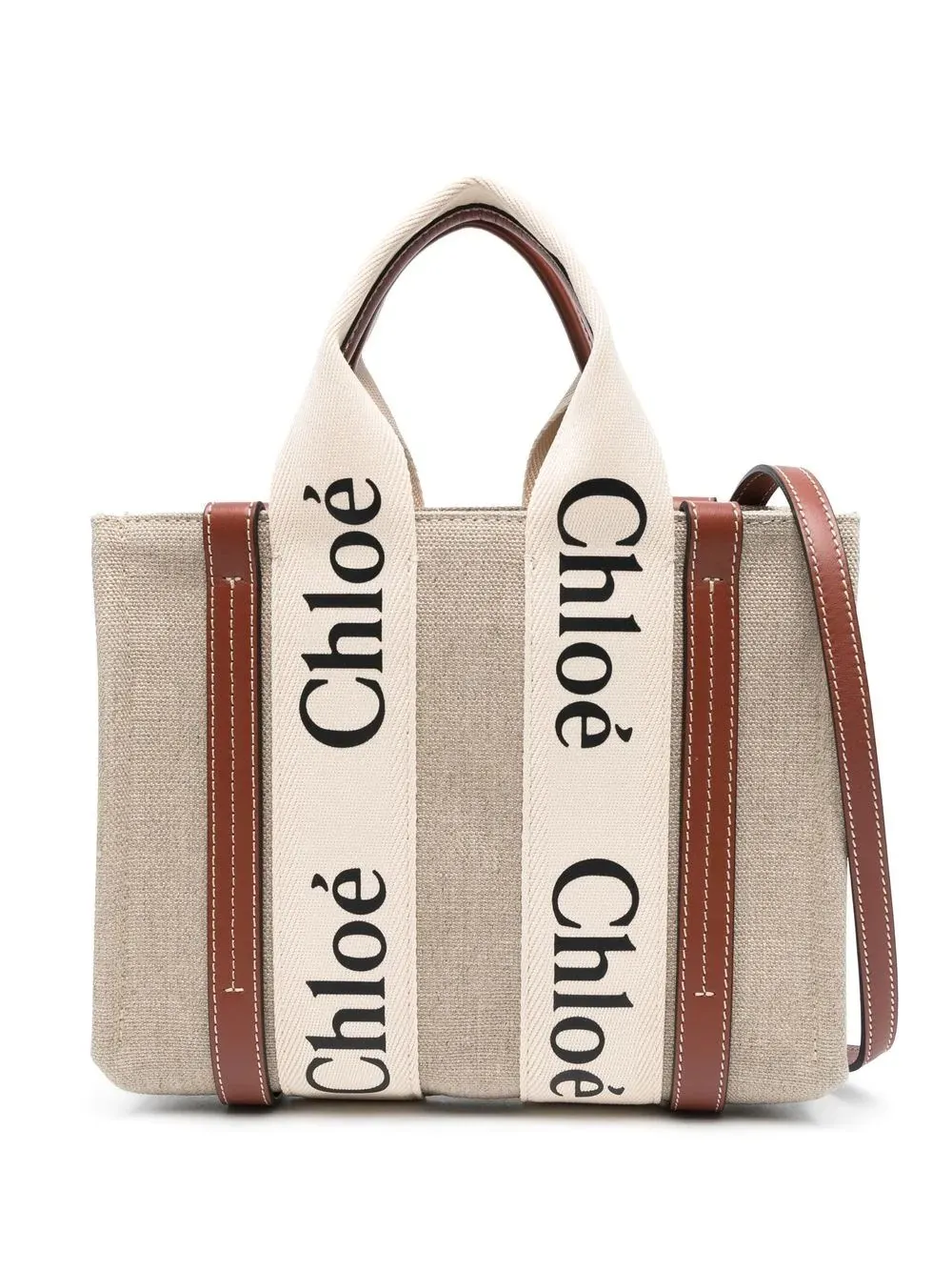 CHLOÉ White and Brown Woody Small Tote Bag