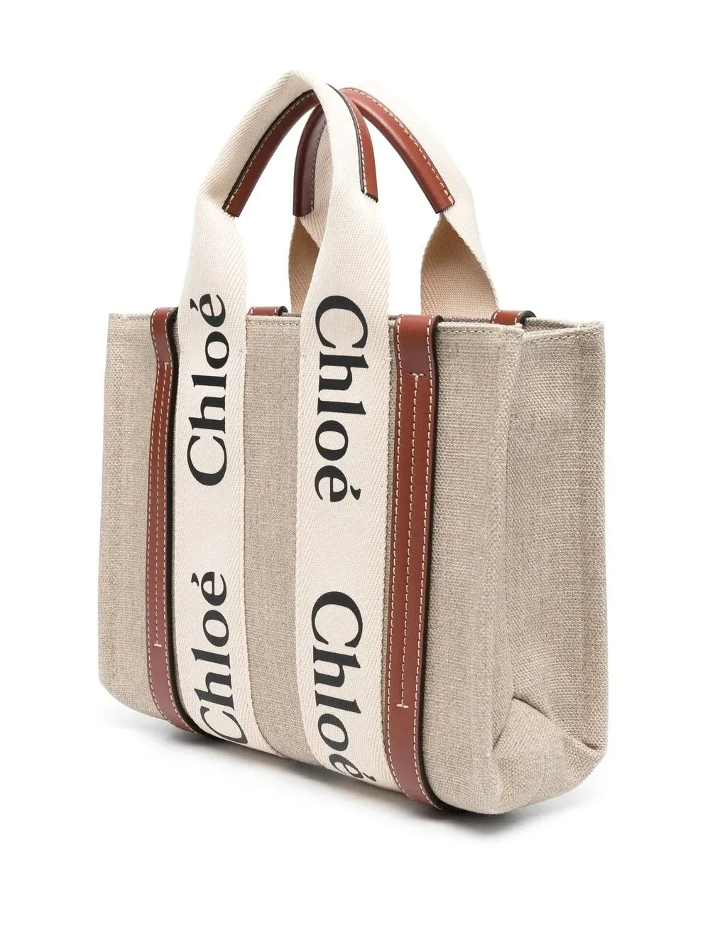 CHLOÉ White and Brown Woody Small Tote Bag