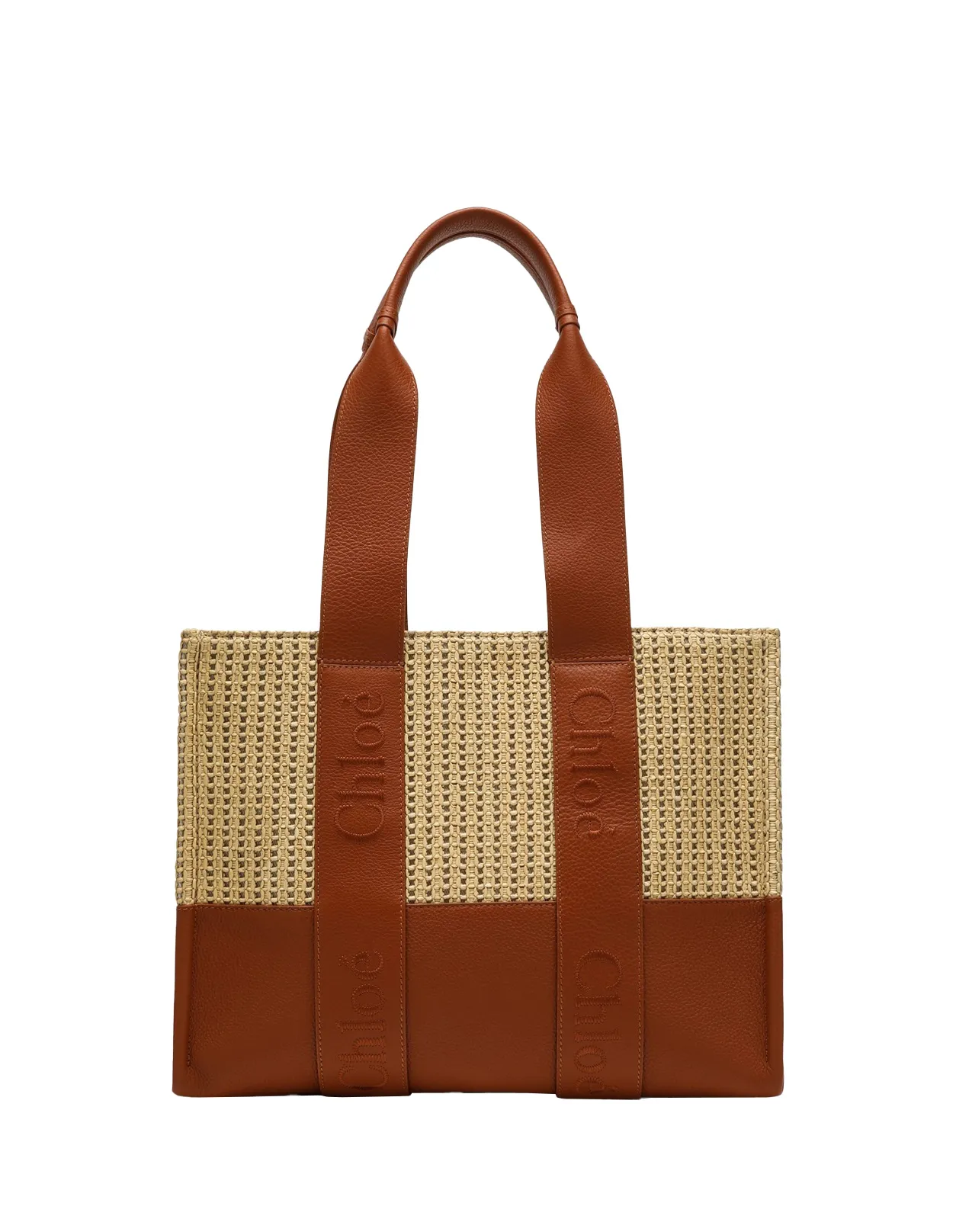 CHLOÉ Woody Medium Tote Bag In Leather and Raffia With Embroidered Logo