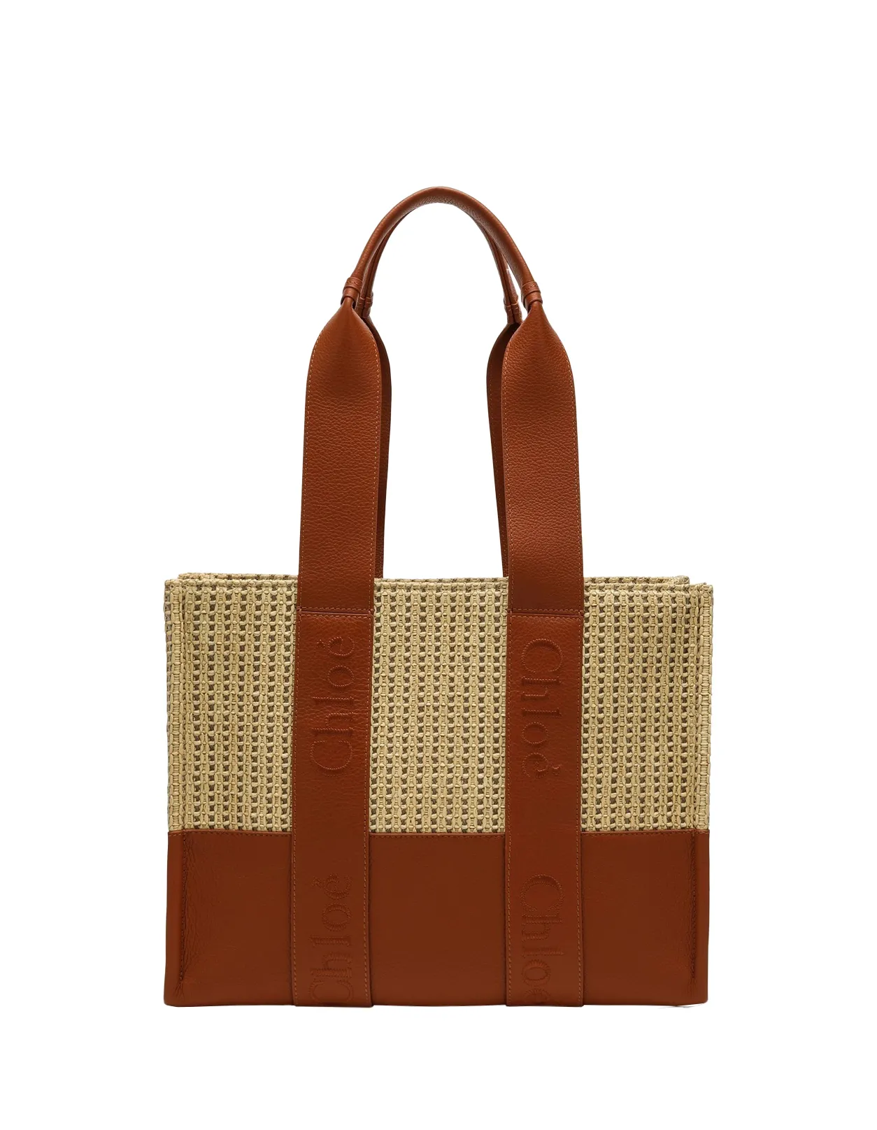 CHLOÉ Woody Medium Tote Bag In Leather and Raffia With Embroidered Logo