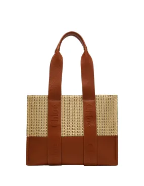 CHLOÉ Woody Medium Tote Bag In Leather and Raffia With Embroidered Logo