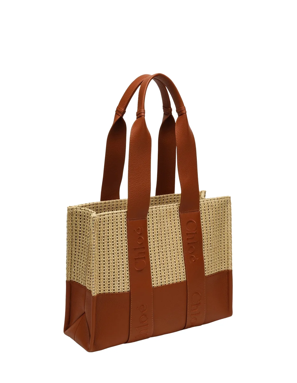 CHLOÉ Woody Medium Tote Bag In Leather and Raffia With Embroidered Logo