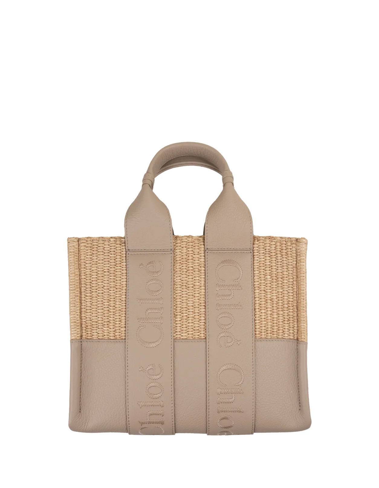 CHLOÉ Woody Small Tote Bag In Leather and Raffia With Embroidered Logo