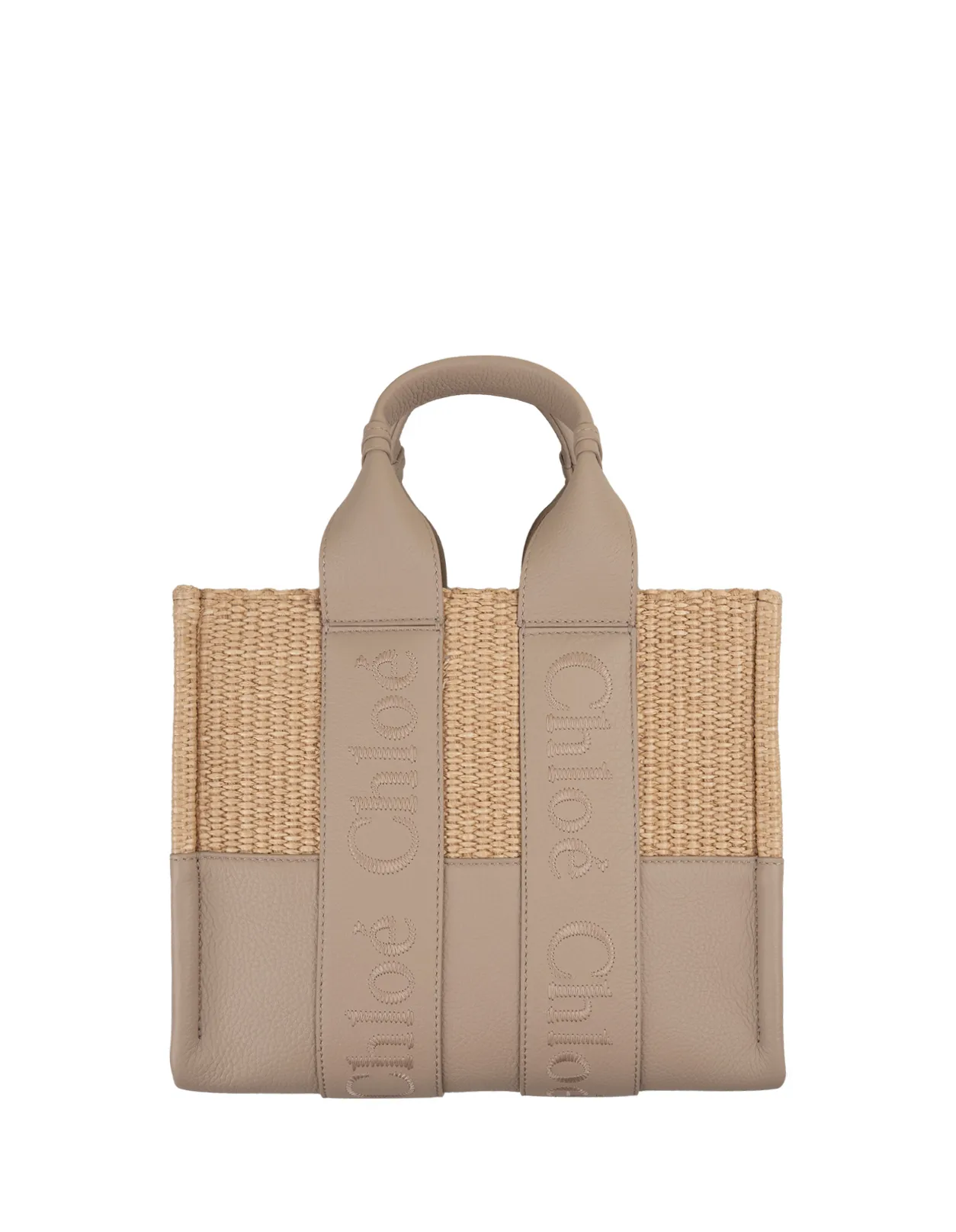 CHLOÉ Woody Small Tote Bag In Leather and Raffia With Embroidered Logo