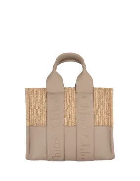 CHLOÉ Woody Small Tote Bag In Leather and Raffia With Embroidered Logo