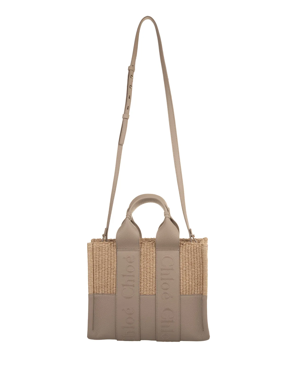 CHLOÉ Woody Small Tote Bag In Leather and Raffia With Embroidered Logo