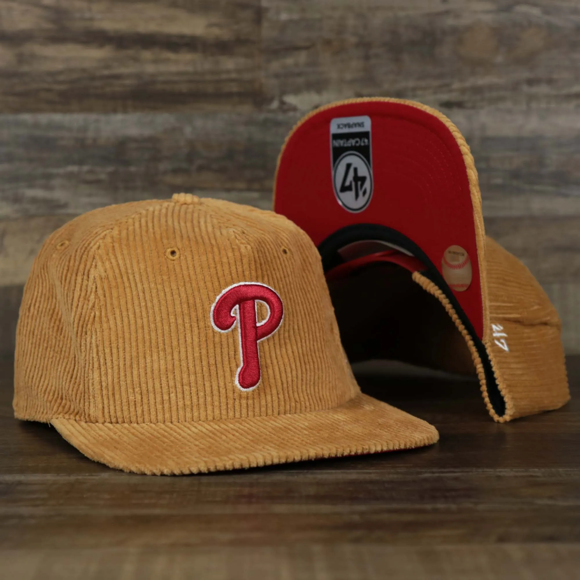 Corduroy Philadelphia Phillies Snapback | 47 Brand Khaki - Philadelphia Phillies Snapback Hat in Corduroy | Khaki | 47 Brand