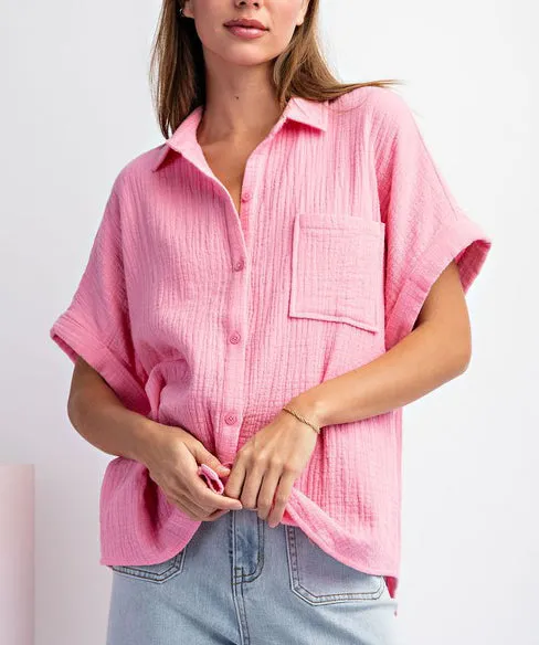 Cotton Bubble Pink Button Down Top