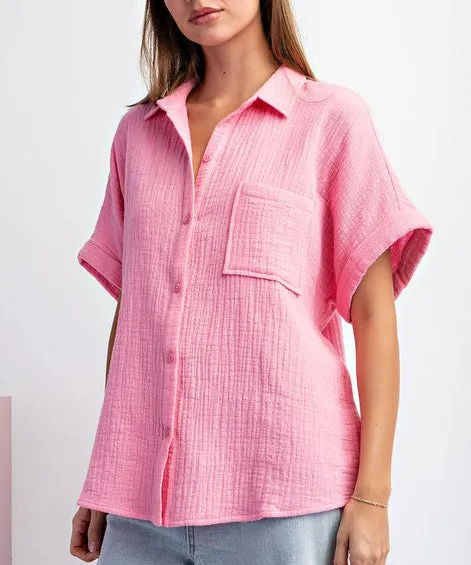 Cotton Bubble Pink Button Down Top