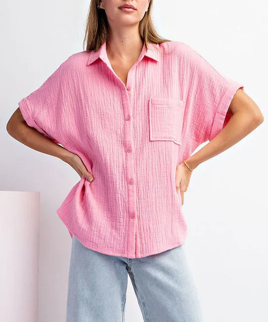 Cotton Bubble Pink Button Down Top