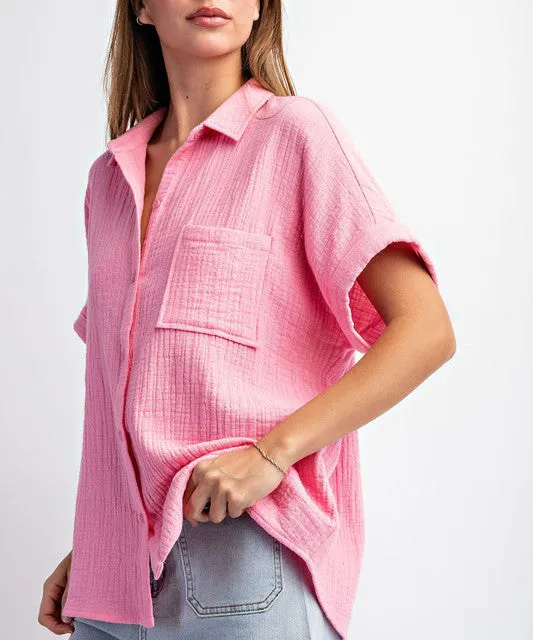 Cotton Bubble Pink Button Down Top