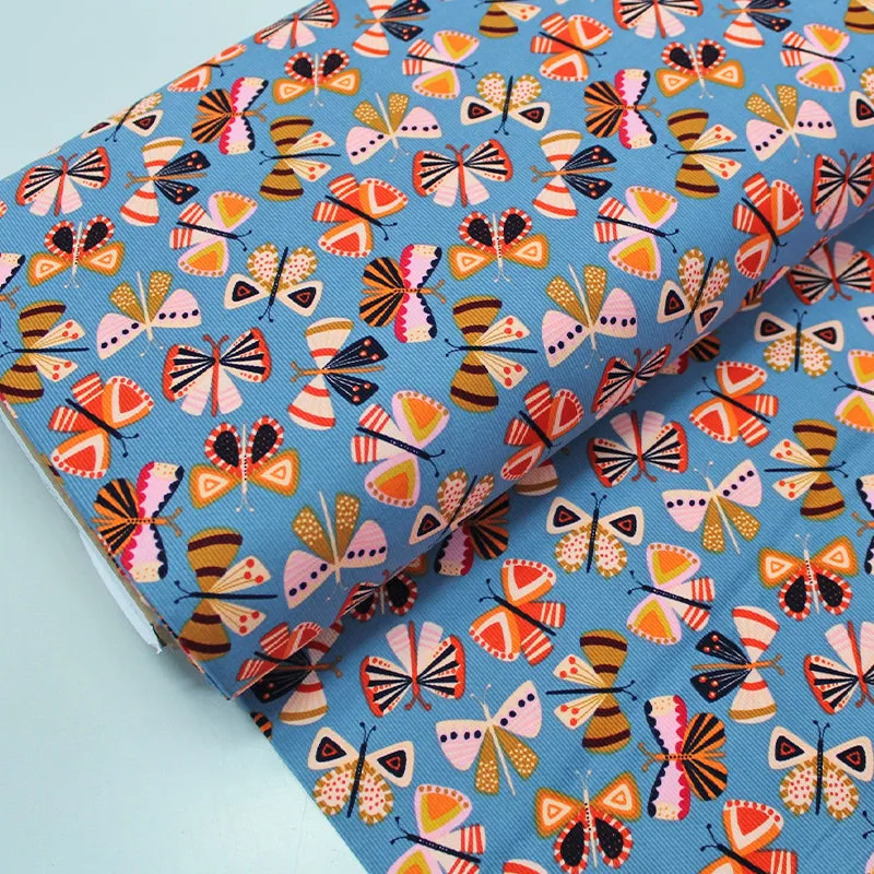 Cotton Corduroy Dressmaking Fabric - Blue - Butterfly Print