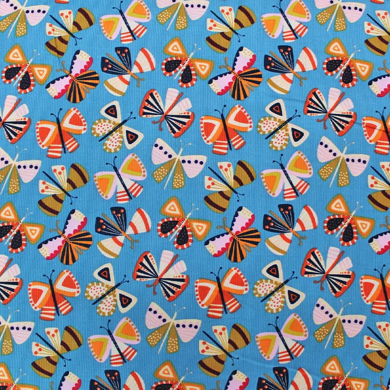 Cotton Corduroy Dressmaking Fabric - Blue - Butterfly Print