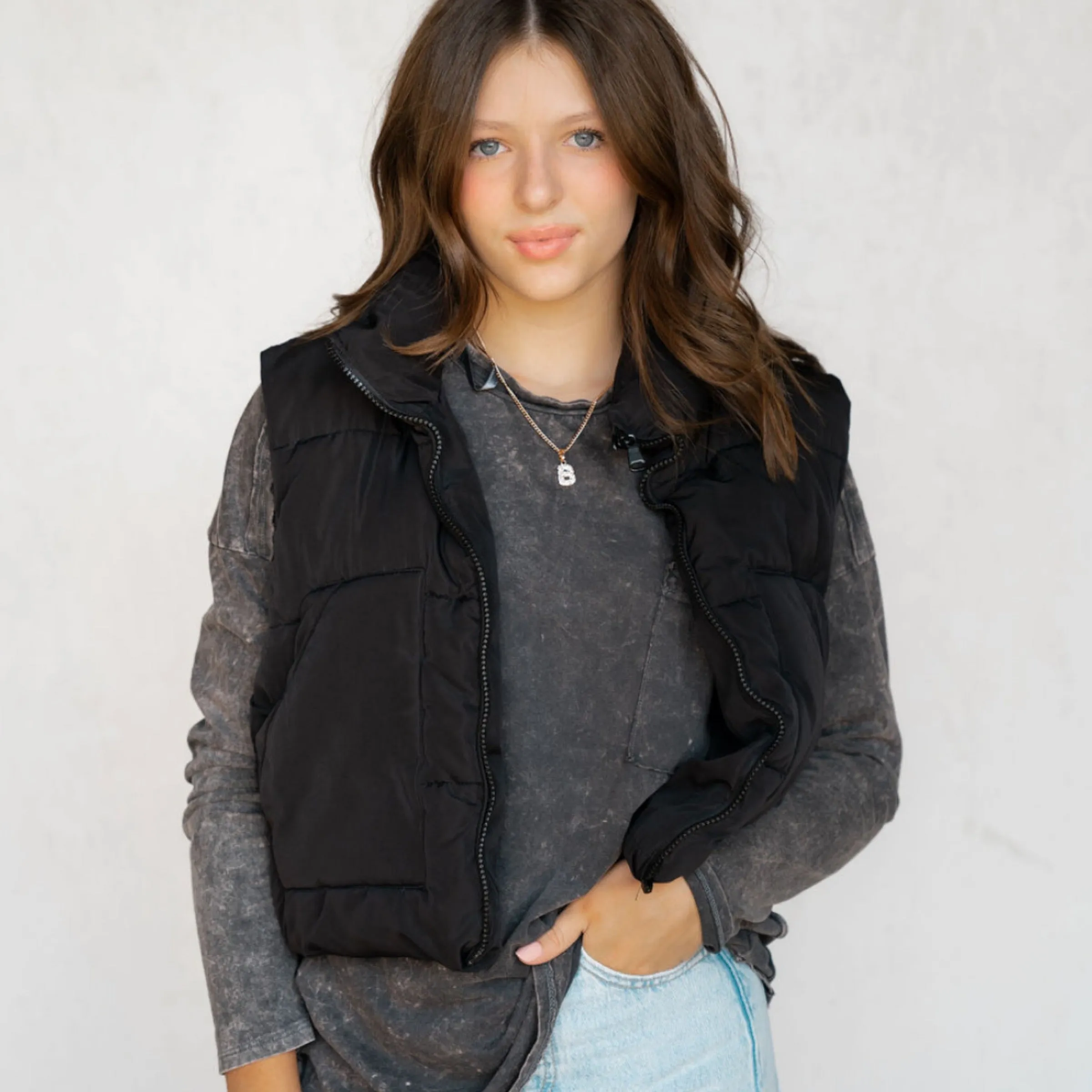 Cute Black Puffer Vest with Pockets