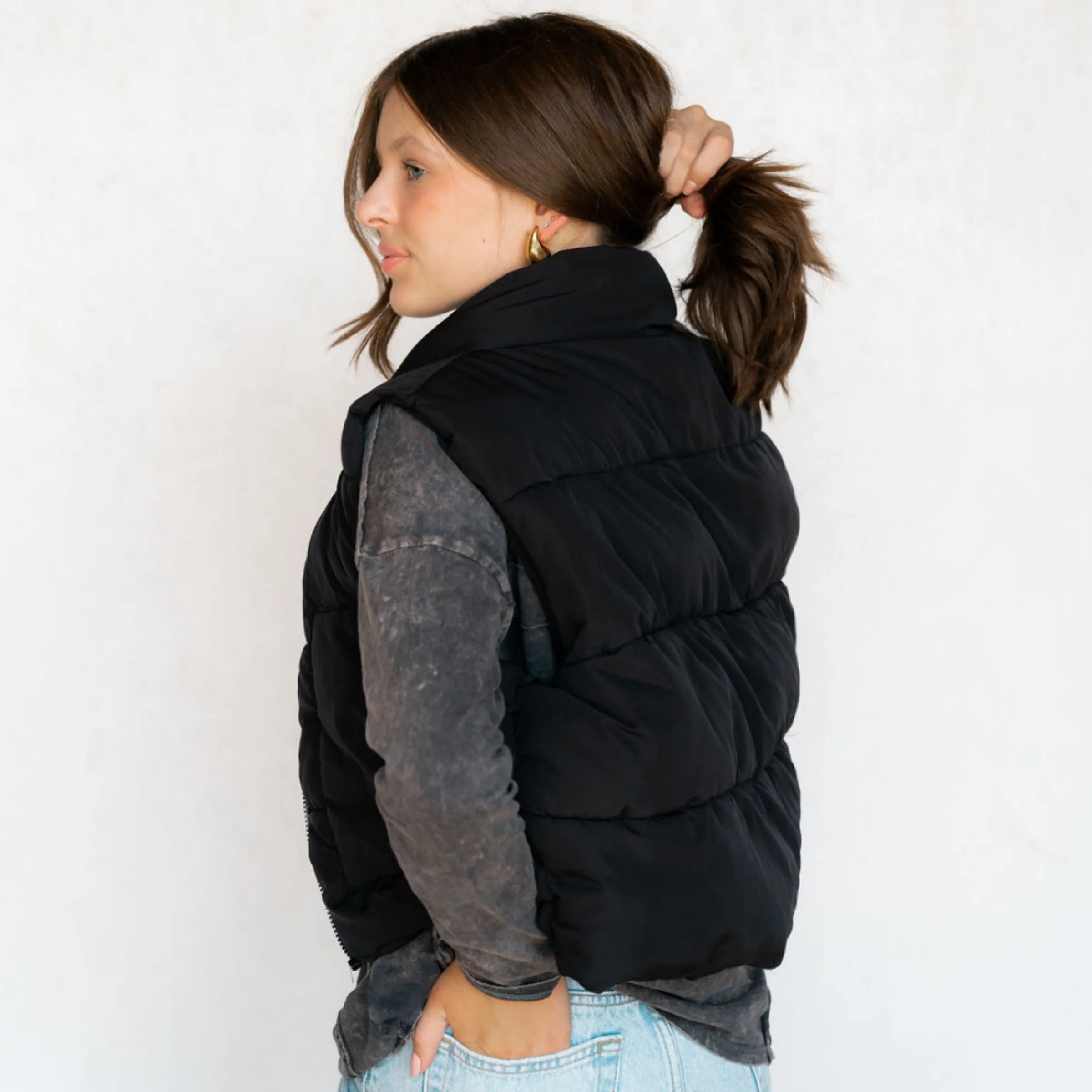 Cute Black Puffer Vest with Pockets