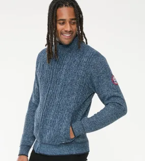 D555 Mens Blue Cable Knit Sweater With Zip and Bonded Check Lining (ECCLES)