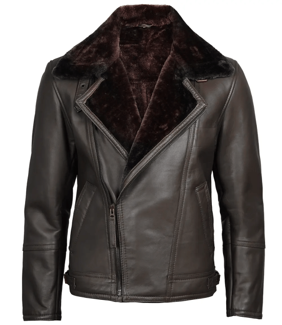 Dark Brown Asymmetrical Leather Shearling Jacket Men's