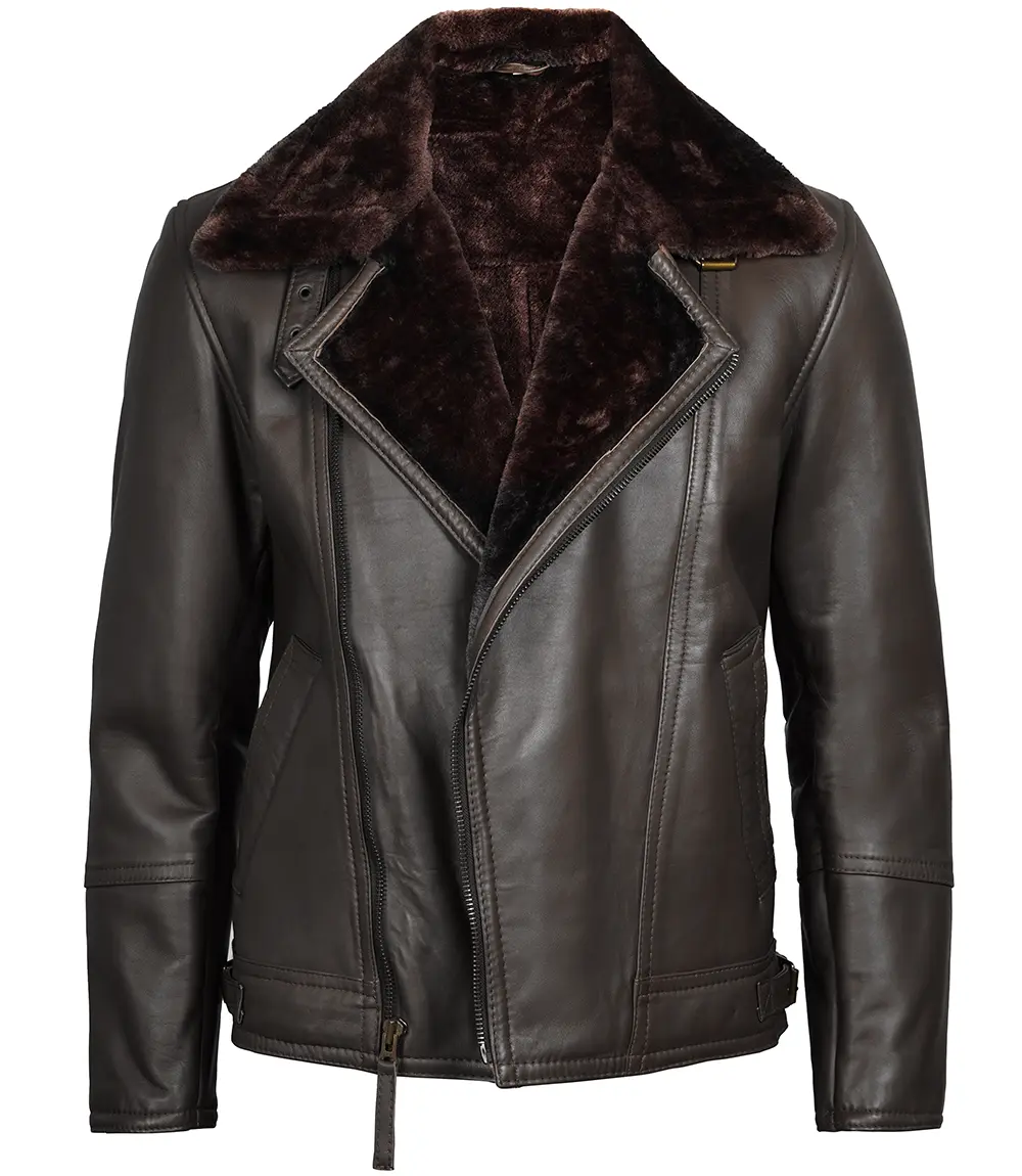 Dark Brown Asymmetrical Leather Shearling Jacket Men's