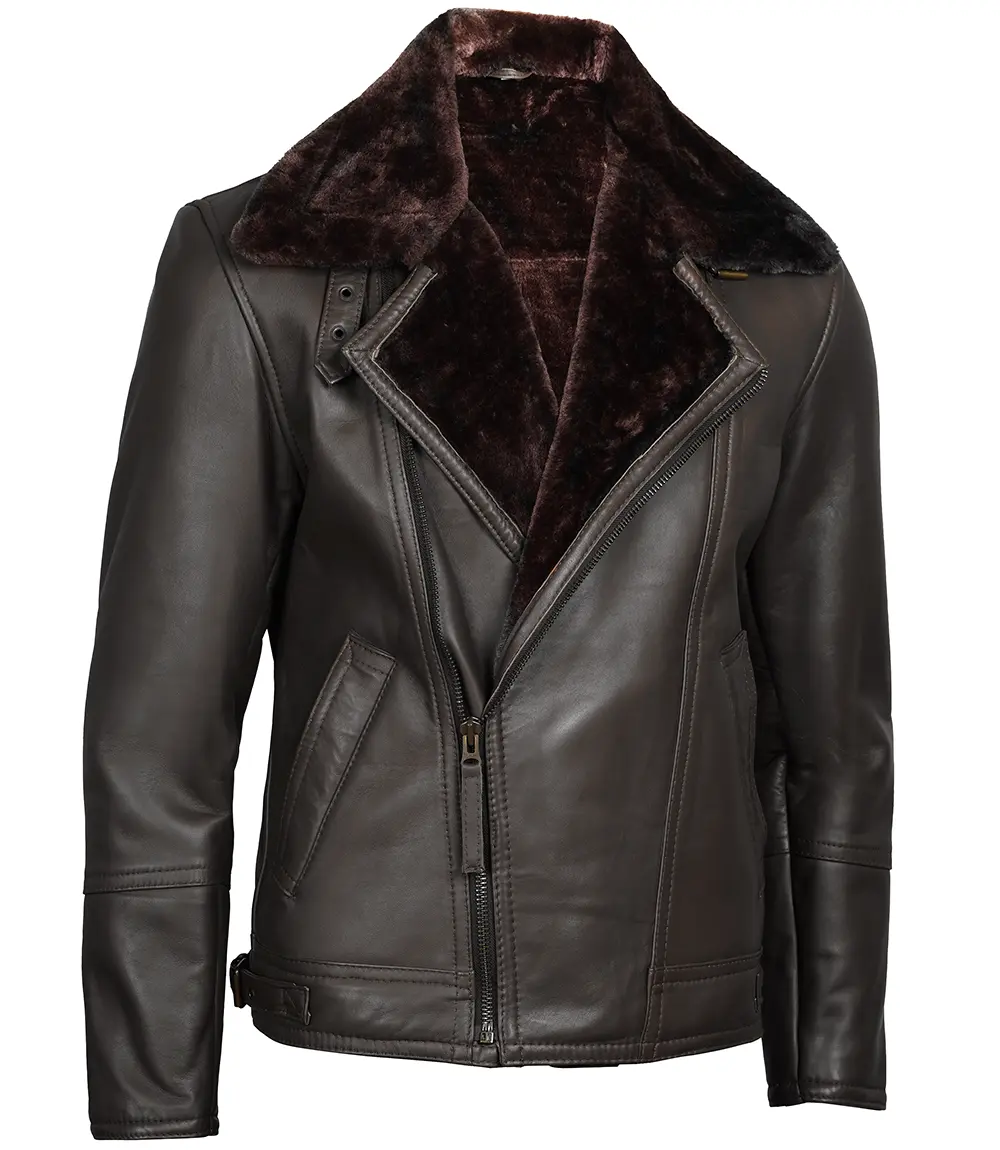 Dark Brown Asymmetrical Leather Shearling Jacket Men's