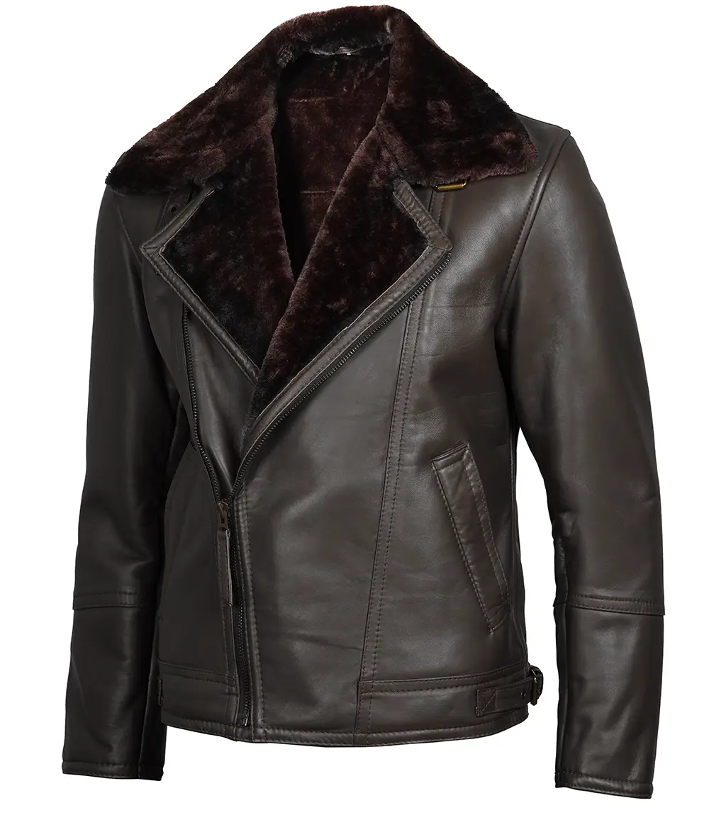 Dark Brown Asymmetrical Leather Shearling Jacket Men's