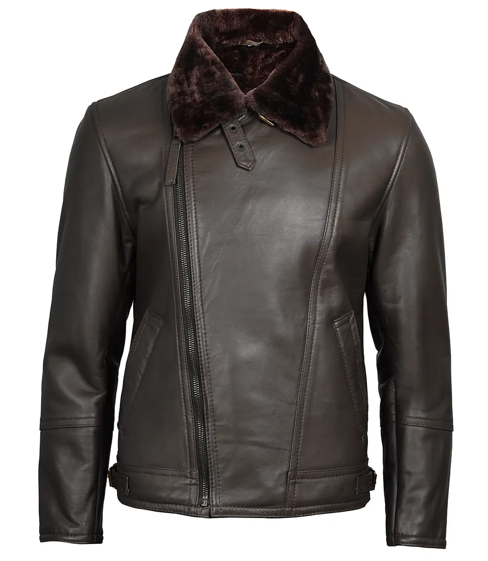 Dark Brown Asymmetrical Leather Shearling Jacket Men's