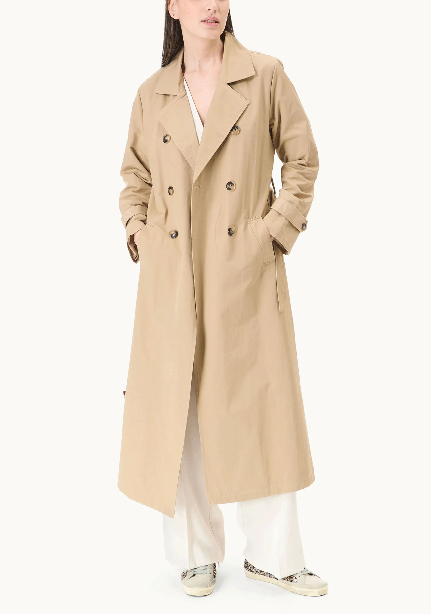 Double-breasted trench coat with belt.