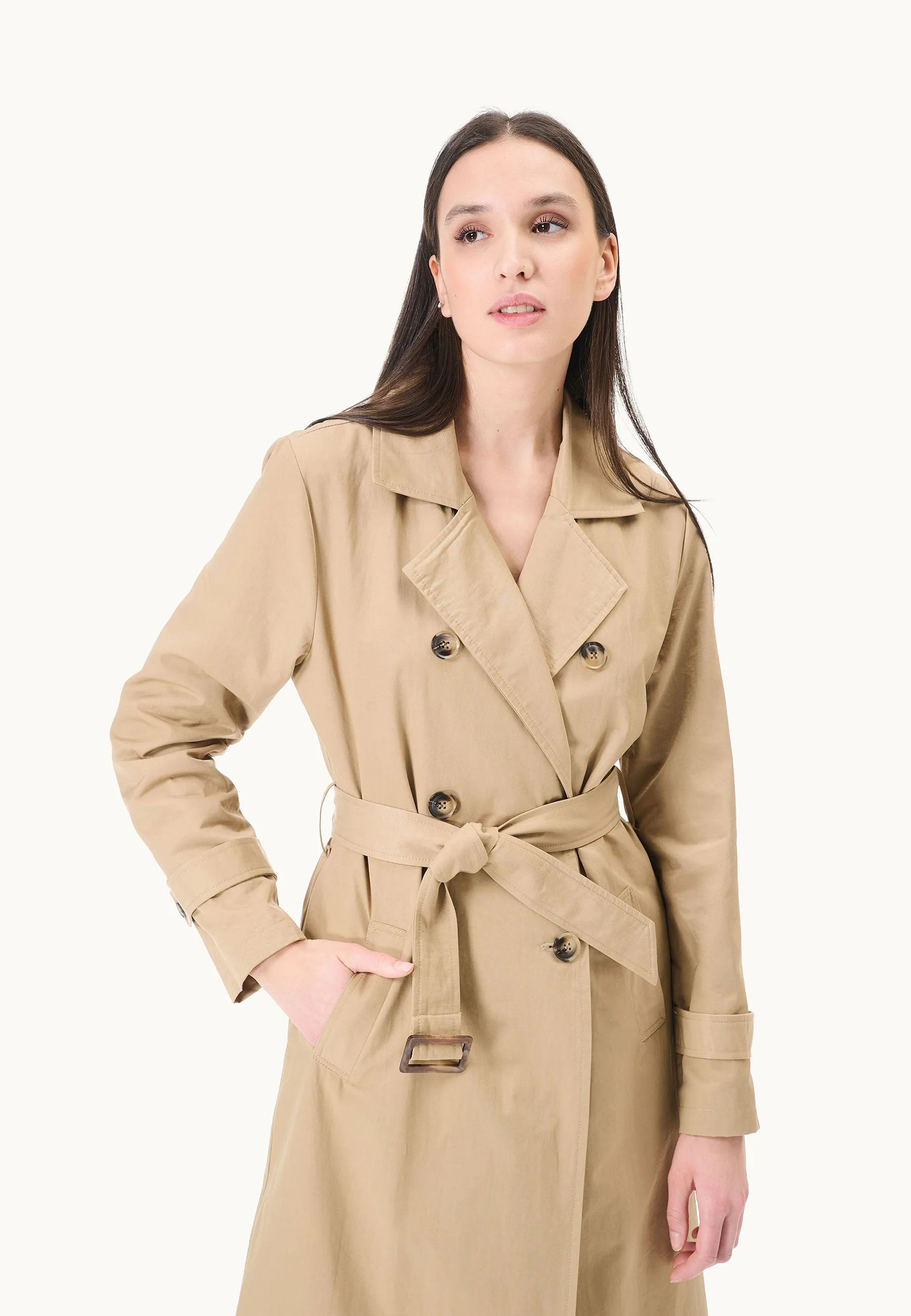 Double-breasted trench coat with belt.