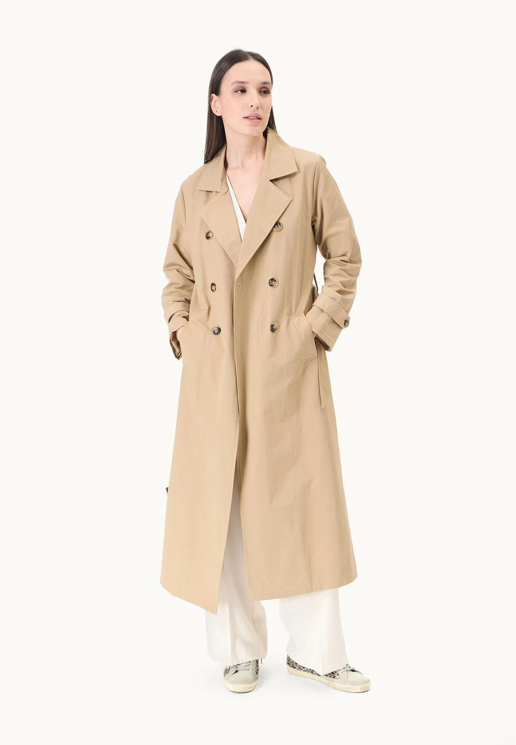 Double-breasted trench coat with belt.