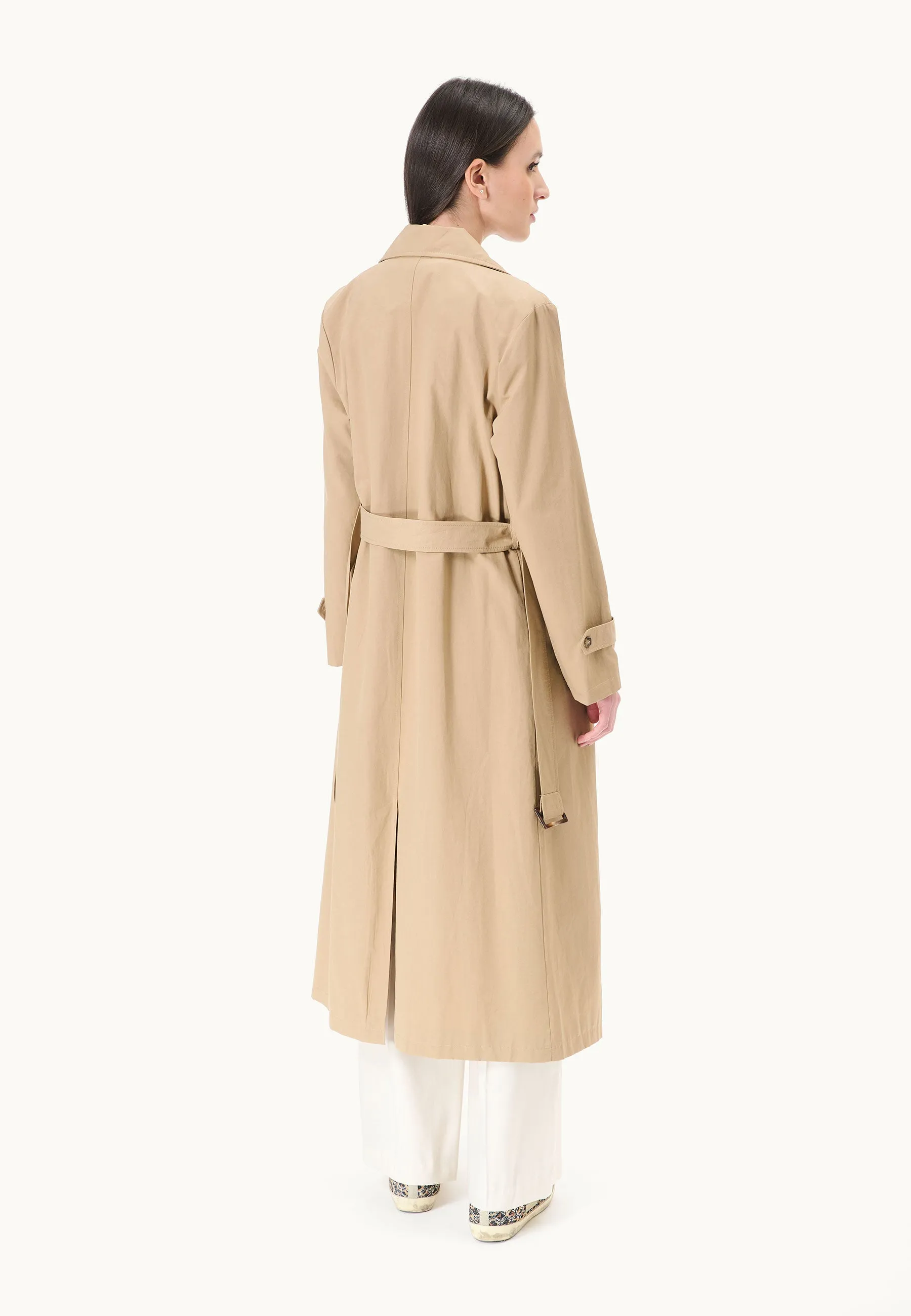 Double-breasted trench coat with belt.