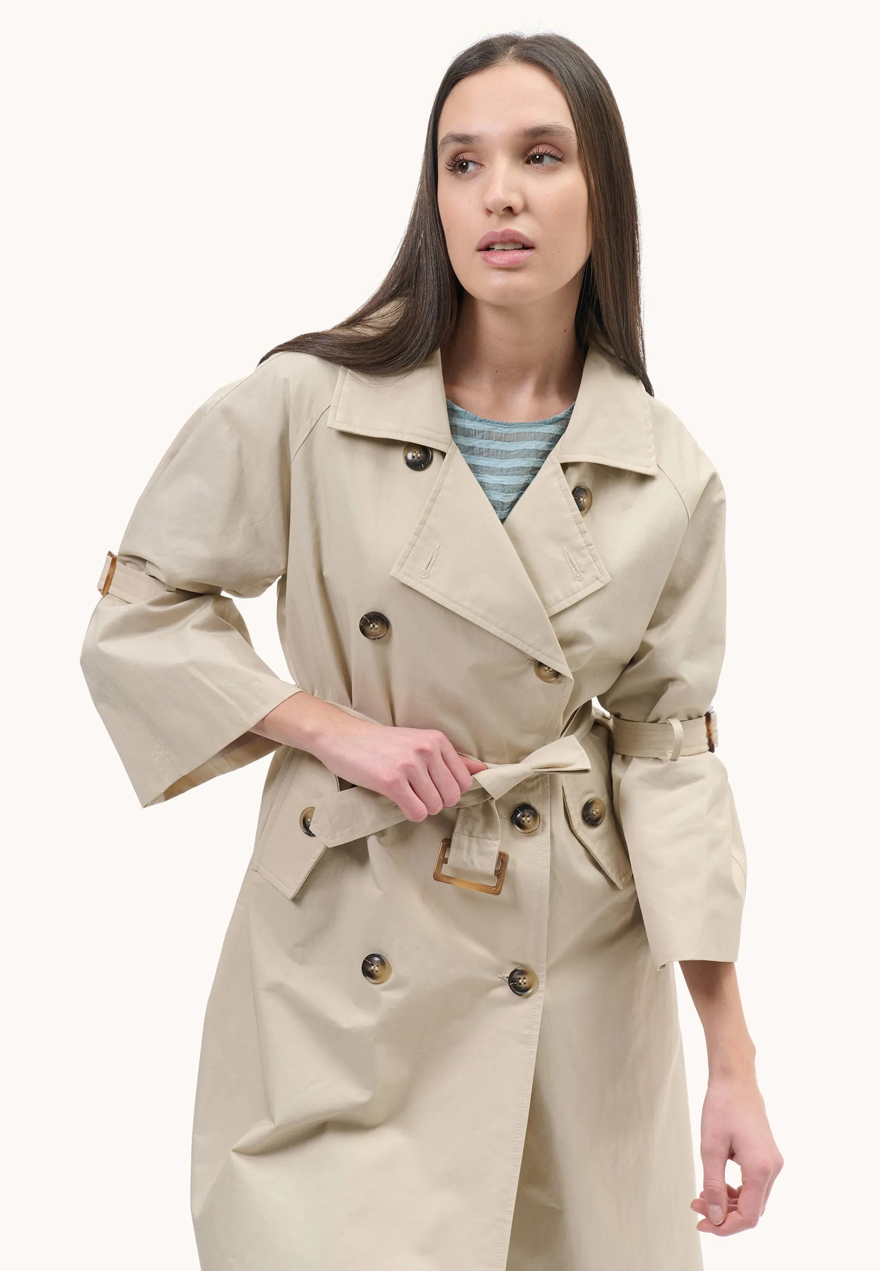 double-breasted trench coat with tie sleeves