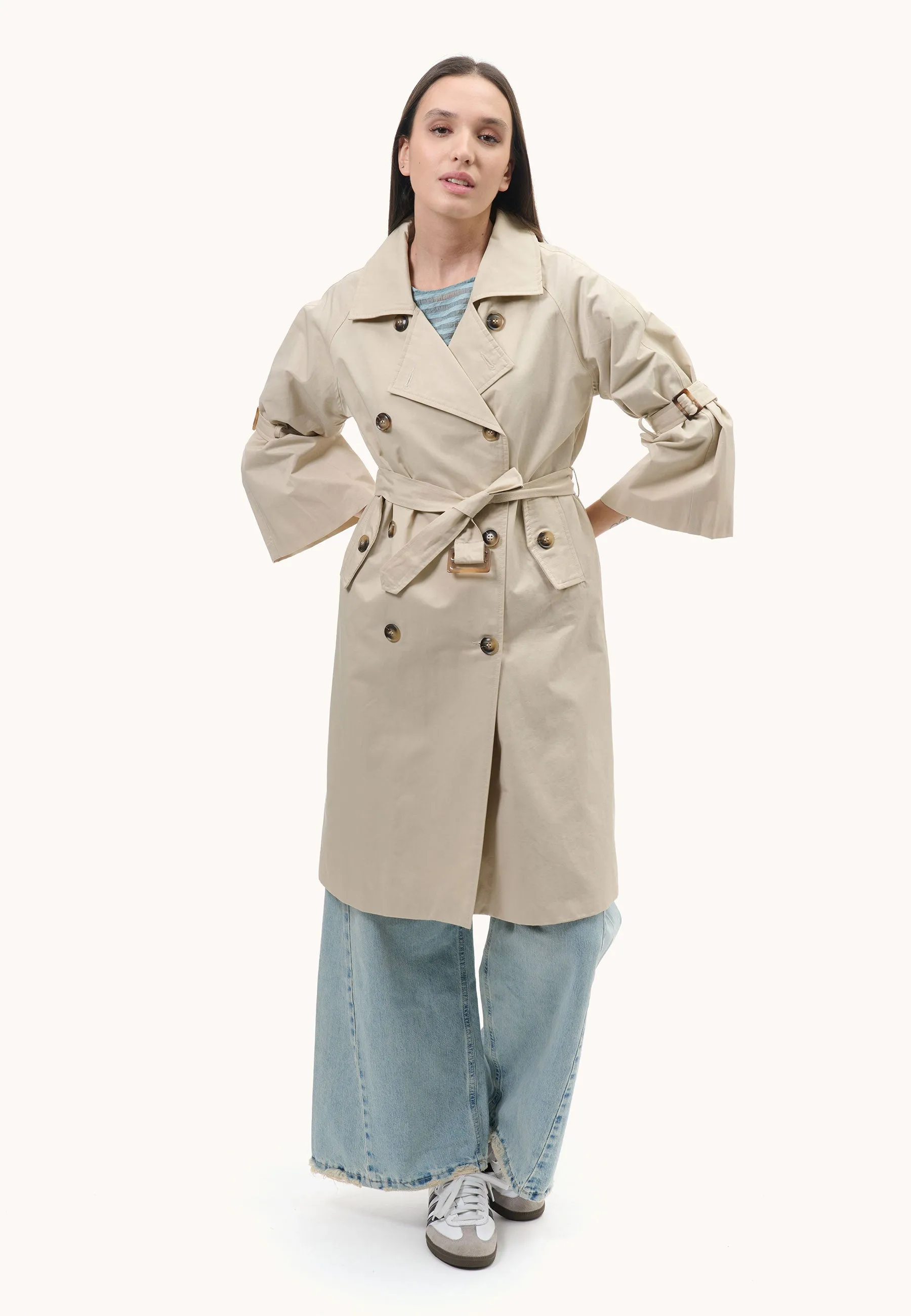 double-breasted trench coat with tie sleeves