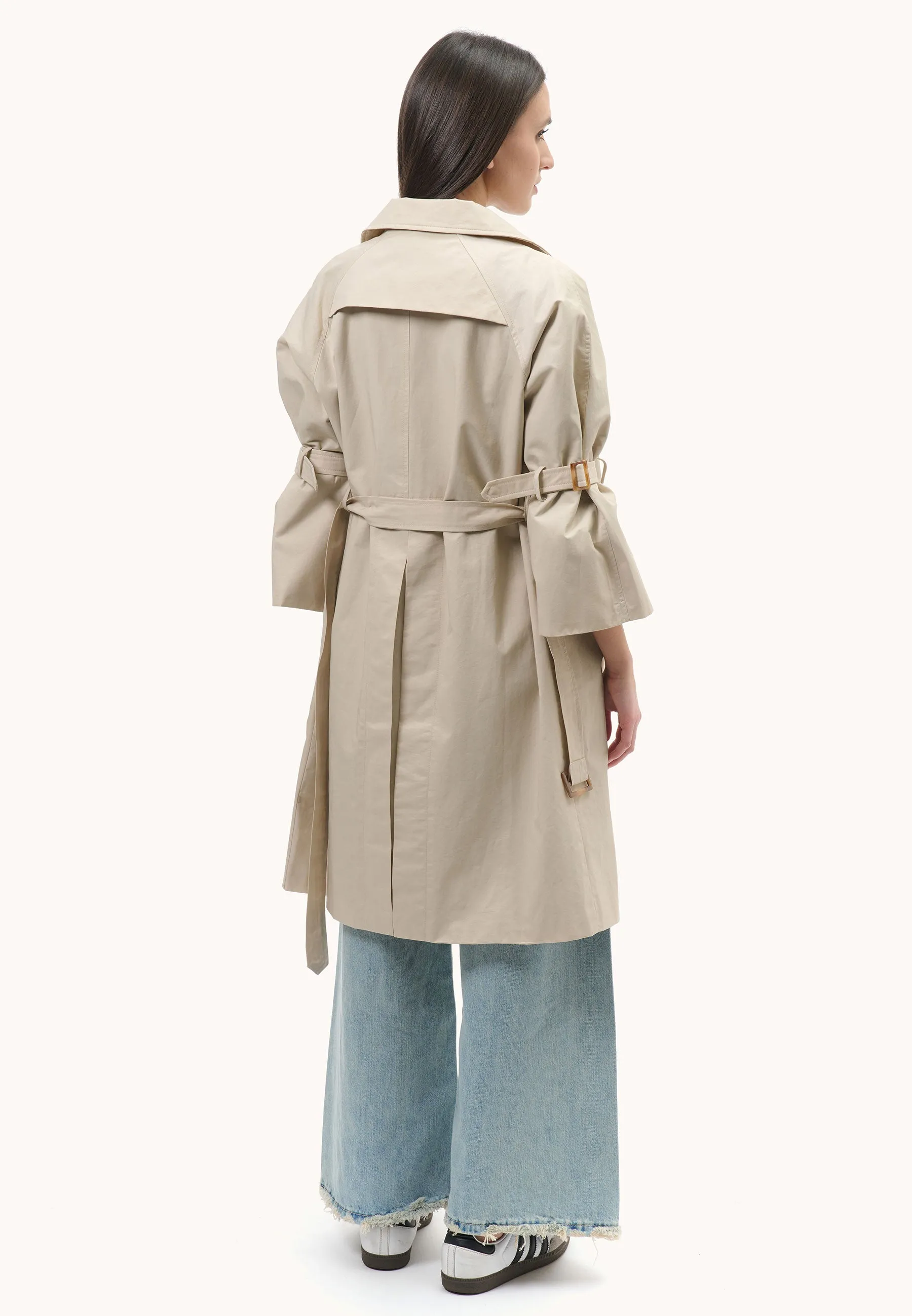 double-breasted trench coat with tie sleeves